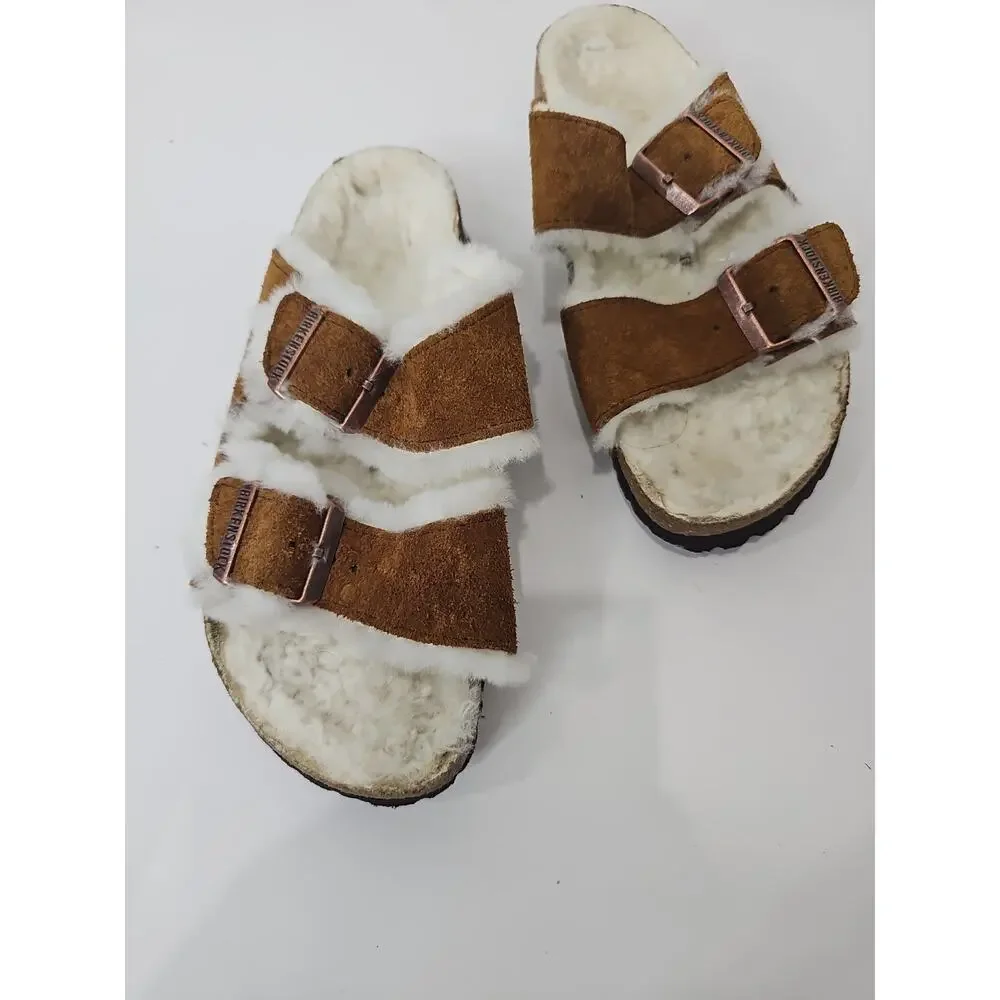 Birkenstock Arizona Shearling Suede Buckle Sandals Size 38/ 7